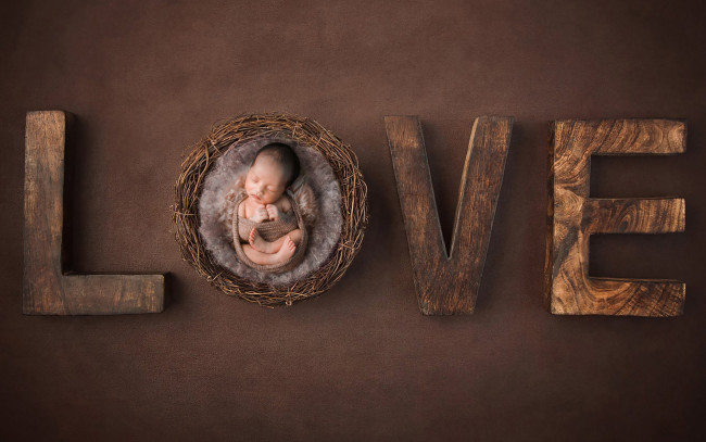 Обои картинки фото разное, дети, младенец, гнездо, буквы, любовь, надпись