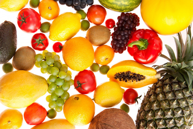 Обои картинки фото еда, фрукты, овощи, вместе, томаты, помидоры, лимон, апельсин, виноград, ананас