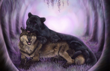 Картинка рисованные животные волк пантера черная хищники дружба