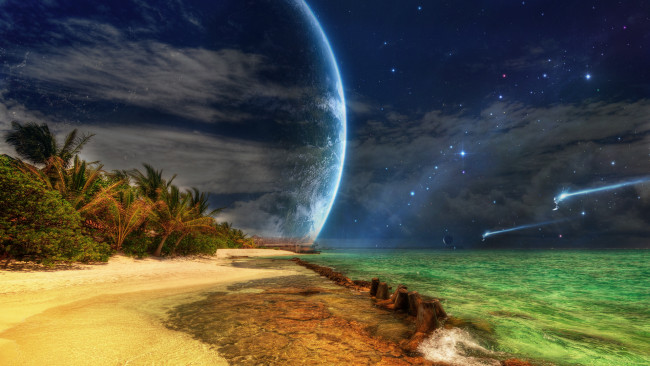 Обои картинки фото 3д, графика, atmosphere, mood, атмосфера, настроения, океан, пляж, пальмы, небо, звезды, планеты
