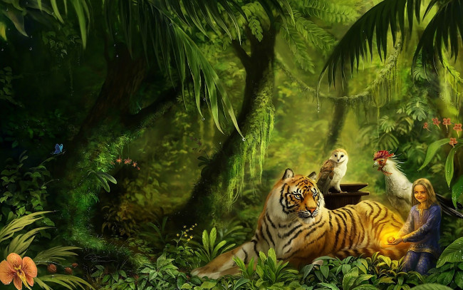 Обои картинки фото фэнтези, другое, тигр, девочка, сова, джунгли