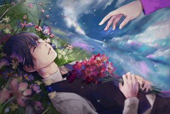 Картинка аниме tokyo+ghoul ruoyuwang цветы небо дождь парень tokyo ghoul kaneki ken токийский гуль улыбка облака ringo арт повязка рука