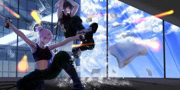 Картинка аниме naruto прыжок sasuke uchiha осколки окно стрельба пистолеты саске сакура art sakura haruno