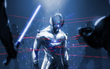 Картинка фэнтези роботы +киборги +механизмы киборг герой под прицелом окружен темно шлем лазерный прицел костюм
