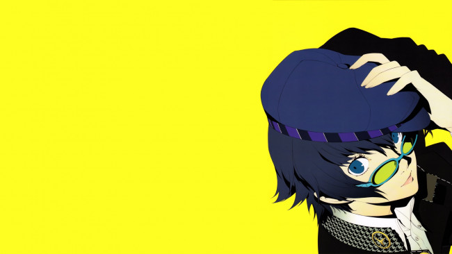 Обои картинки фото аниме, persona 4, жёлтый, фон, shirogane, naoto, взгляд, шапочка, очки