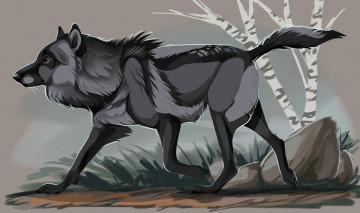 Картинка рисованное животные +волки взгляд волк фон береза