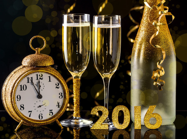 Обои картинки фото праздничные, - разное , новый год, часы, бокалы, бутылка, шампанское, golden, new, year, happy, 2016, новый, год, champagne