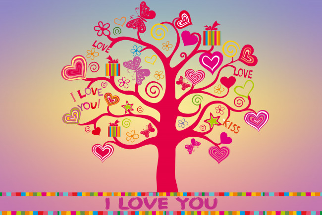 Обои картинки фото праздничные, день святого валентина,  сердечки,  любовь, i, love, you, дерево, background, colorful, sweet, butterfly, сердечки, любовь, romantic, hearts, tree