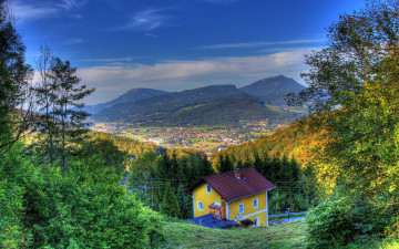 обоя города, - пейзажи, hdr, поля, горы, австрия, дома, панорама, hallein, солнце, небо, осень, леса