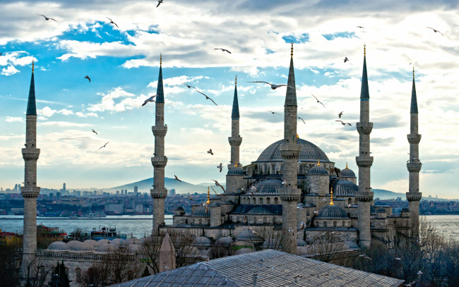 Обои картинки фото города, стамбул , турция, башни, архитектура, дома, город, храм, istanbul, птицы, дворец, небо, река, облака