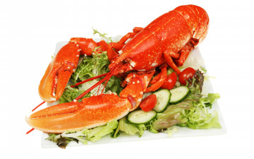 Картинка еда рыба +морепродукты +суши +роллы вареный красный рак на тарелке с овощами белом фоне