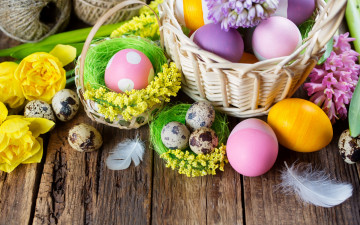 Картинка праздничные пасха easter цветы тюльпаны basket holidays яйца tulip доски eggs гиацинты корзина spring крашеные