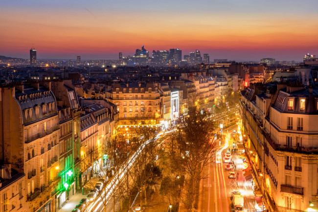 Обои картинки фото la d&, 233, fense depuis pigalle, города, париж , франция, огни, ночь