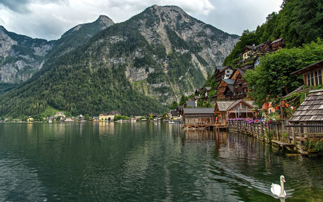 Обои картинки фото города, гальштат , австрия, горы, озеро, дома