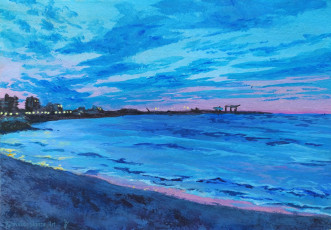 Картинка рисованное живопись море берег город огни