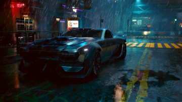 обоя видео игры, cyberpunk 2077, машина, дождь, улица, город