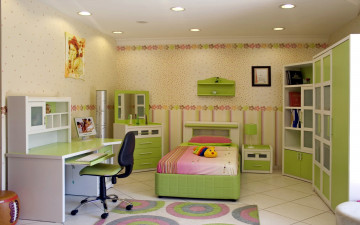 Картинка интерьер детская+комната кровать шкафы стул