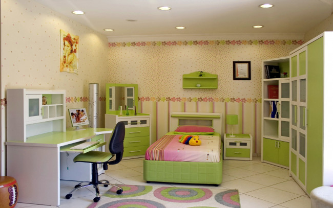 Обои картинки фото интерьер, детская комната, кровать, шкафы, стул