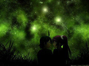 Картинка аниме bakemonogatari senjougahara+hitagi araragi+koyomi девушка мужчина ночь звезды пара трава