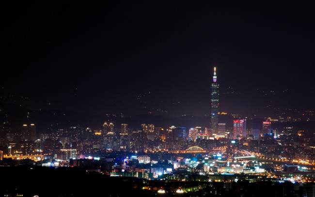 Обои картинки фото города, тайбэй, тайвань, дома, ночь, мост