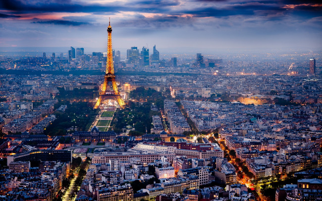 Обои картинки фото paris, города, париж, франция, башня, панорама, вечер, огни, кварталы