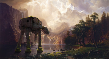 Картинка фэнтези роботы +киборги +механизмы горы лес робот гигант озеро олени