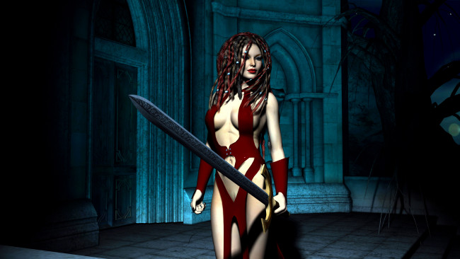 Обои картинки фото dark sorceress, 3д графика, фантазия , fantasy, оружие, фон, взгляд, девушка