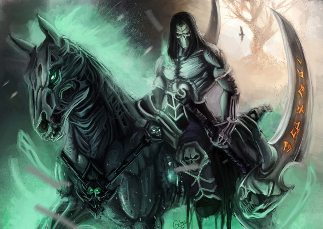 Обои картинки фото видео игры, ~~~другое~~~, взгляд, конь, воин, игра, арт, мужчина, коса, оружие