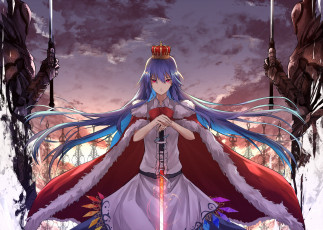 Картинка аниме touhou арт eisuto hinanawi tenshi взгляд меч девушка статуи небо