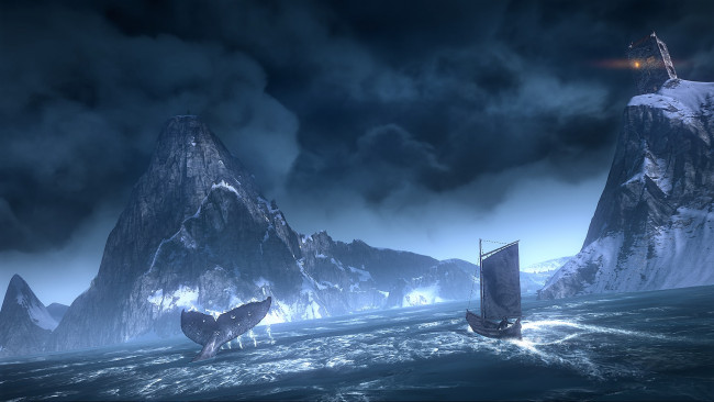 Обои картинки фото видео игры, the witcher 3,  wild hunt, горы, море, лодка