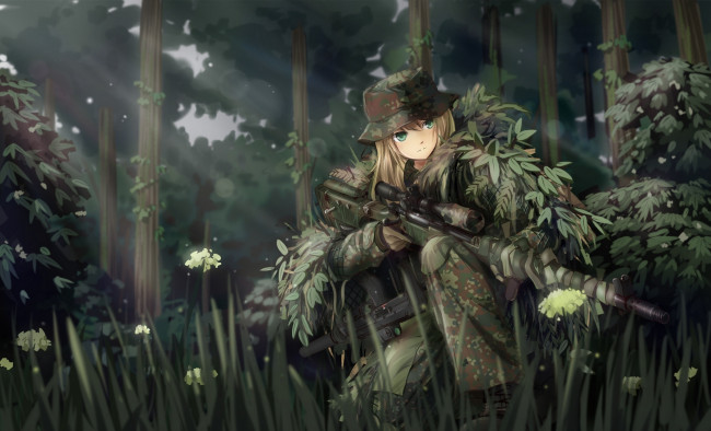 Обои картинки фото аниме, оружие,  техника,  технологии, art, tc1995, девушка, камуфляж, солдат, снайпер, лес