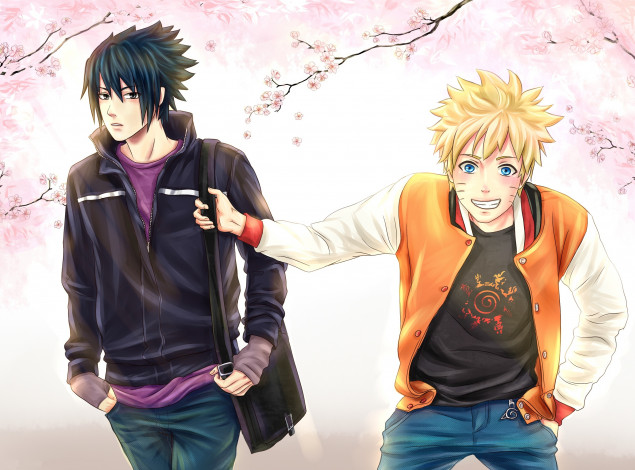 Обои картинки фото аниме, naruto, сакура, art, sasuke, весна, друзья