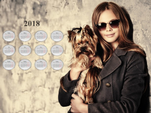 обоя календари, девушки, улыбка, очки, взгляд, собака