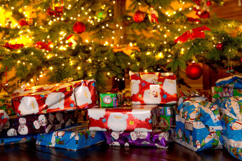 обоя праздничные, подарки и коробочки, подарки, елка, шарики