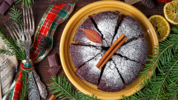 Картинка праздничные угощения шоколад приборы пирог корица