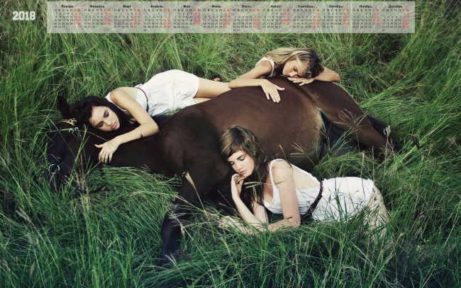Обои картинки фото календари, девушки, трава, девушка, лошадь, отдых