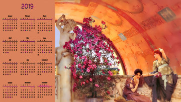 обоя календари, рисованные,  векторная графика, статуя, цветок, женщина