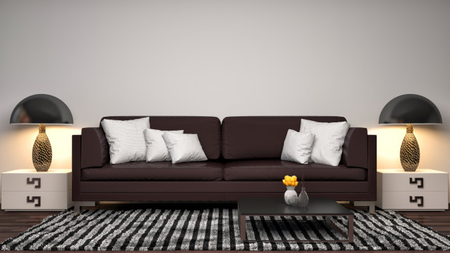 Обои картинки фото 3д графика, реализм , realism, дизайн, лампы, модерн, подушки, диван