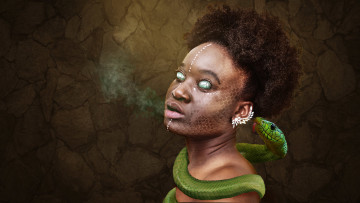 Картинка фэнтези фотоарт voodoo колдунья маг заклинание колдовство нож африка негритянка демон змея зелёная глаза бельмо