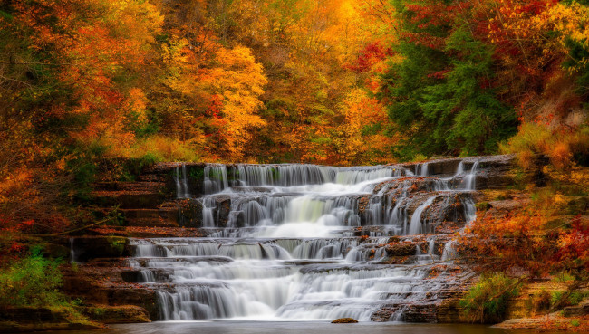 Обои картинки фото природа, водопады, осень, река, водопад