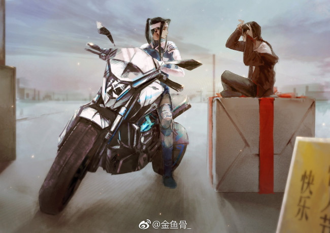 Обои картинки фото аниме, mo dao zu shi, вэй, усянь, лань, ванцзы, мотоцикл, коробка