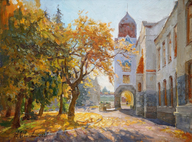 Обои картинки фото рисованное, живопись, здание, арка, деревья, осень
