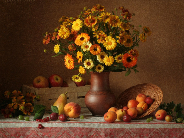 Обои картинки фото harumi, saito, цветы, плоды, еда, натюрморт