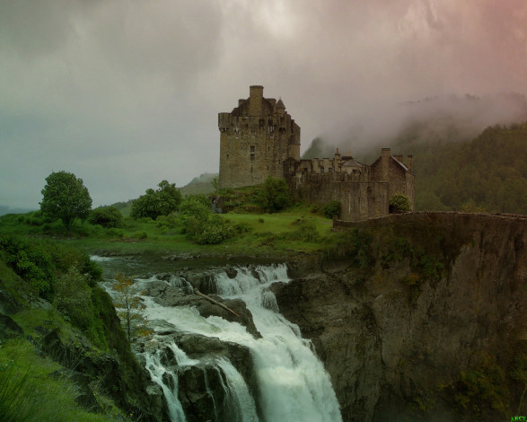 Обои картинки фото замок, водопада, природа, водопады