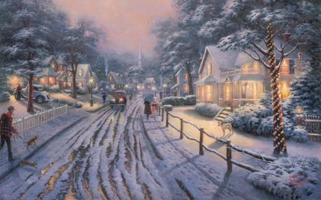 Обои картинки фото thomas, kinkade, рисованные, снег, город, зима, дорога, люди, авто, иллюминация, дом