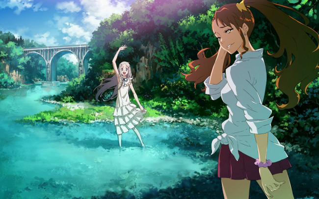 Обои картинки фото аниме, anohana, мост, вода, девушки