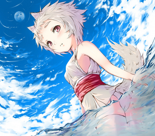 Обои картинки фото аниме, touhou, море, купальник, ушки, хвостик, неко, девушка, inubashiri, momiji, mututu, луна