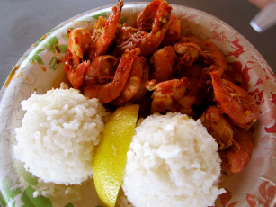 Картинка еда рыбные блюда морепродуктами лимон рис креветки