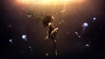 Картинка 3д графика fantasy фантазия медузы рыбки свет девушка пузыри под водой