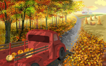 Картинка рисованные другое автомобиль дорога осень тыквы
